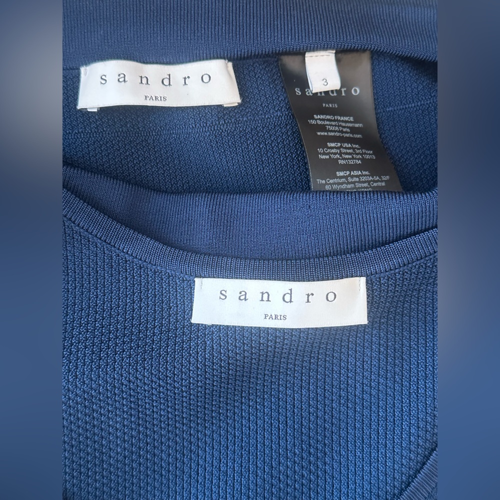 Sandro Midnight Blue Co-Ord Set- Ruffle Shirt Knee Length Fit Flare Skirt- Large - Picture 7 of 9